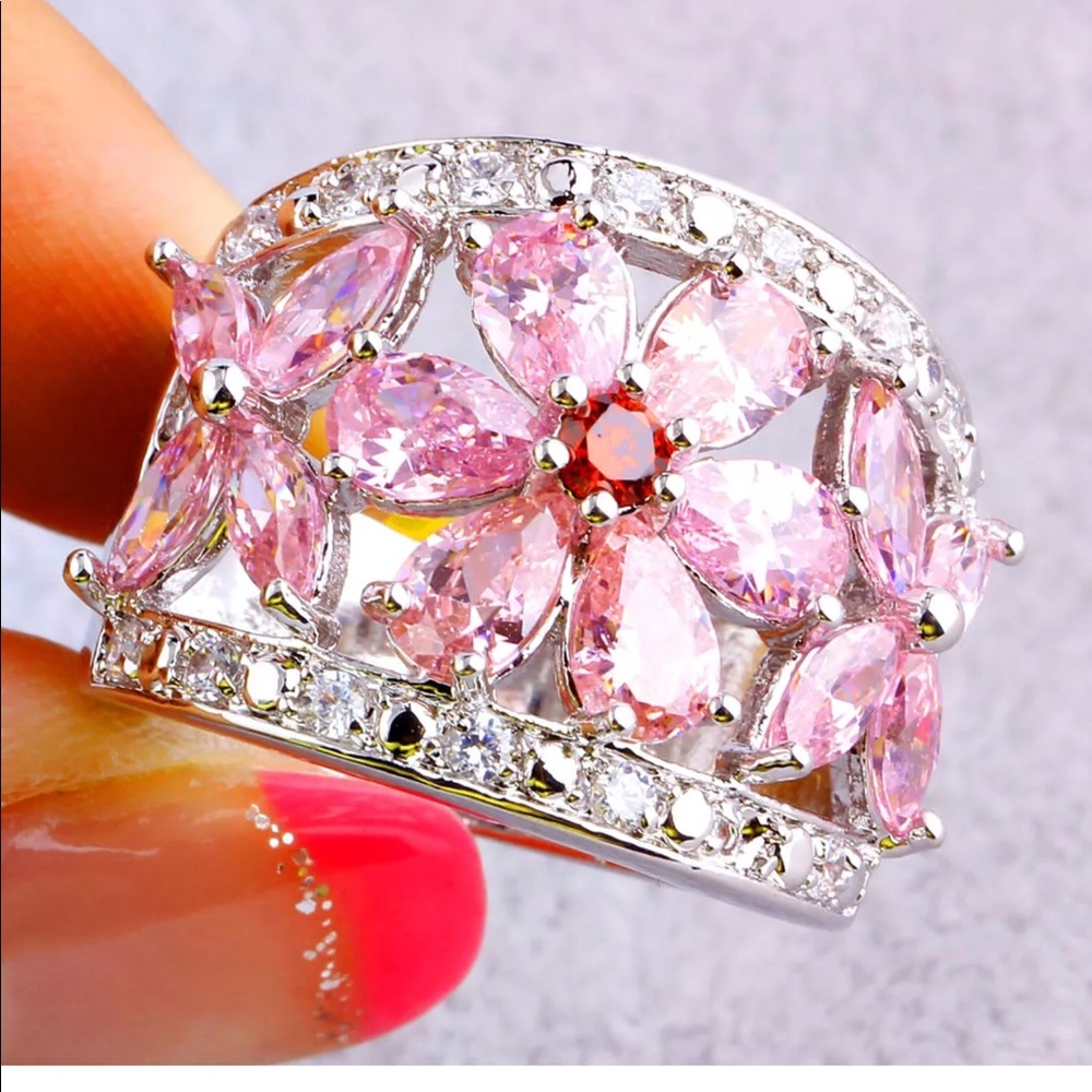 925 Sterling silver Stamped Pink &White Topaz Ring - Picture 1 of 8